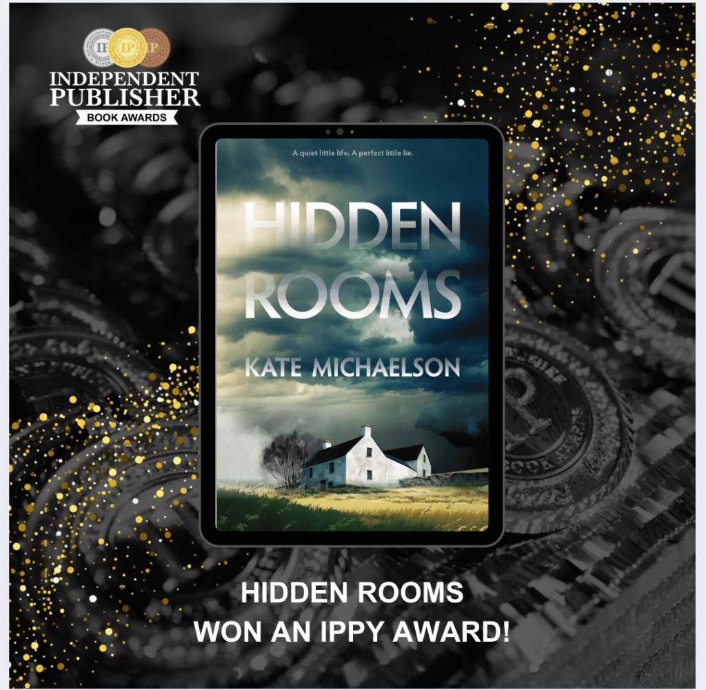 Cover of Hidden Rooms and text saying Hidden Rooms won an IPPY award